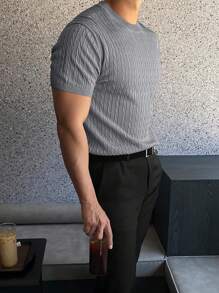 Men's Solid Color Minimalist Everyday Short Sleeve Knit Sweater - Dark Grey - View 5