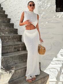 EURMUSE Women 2-Pieces Cover Up Knit Top And Skirt, For Summer Beach Vacation - White - View 3