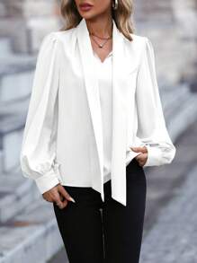 EMERY ROSE Camisa Casual De Mujer De Manga Larga Y Color Sólido - Blanco - Ver 3