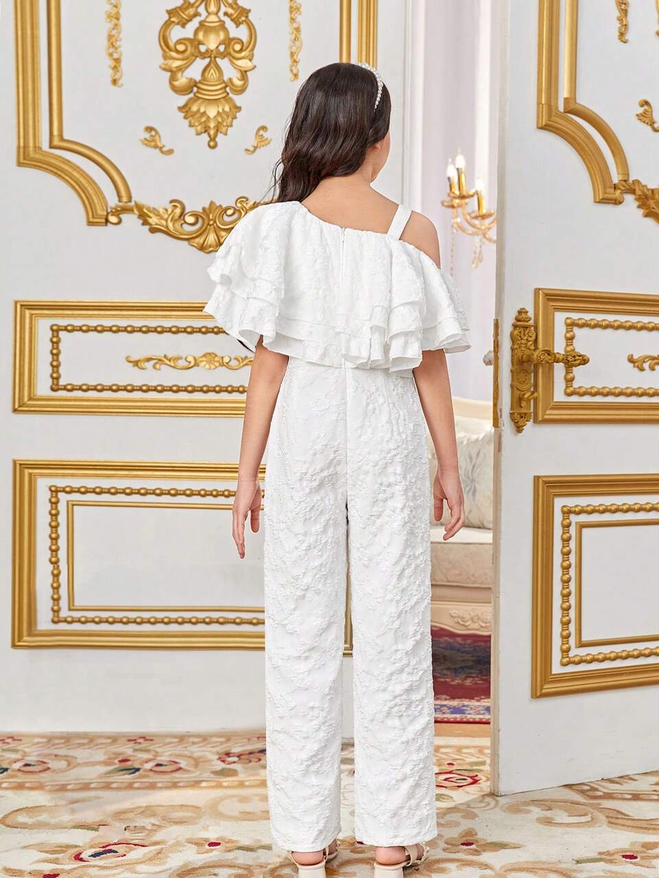 Tween Girls Loose Cute Vacation Ruffle Trimmed Long Jumpsuit