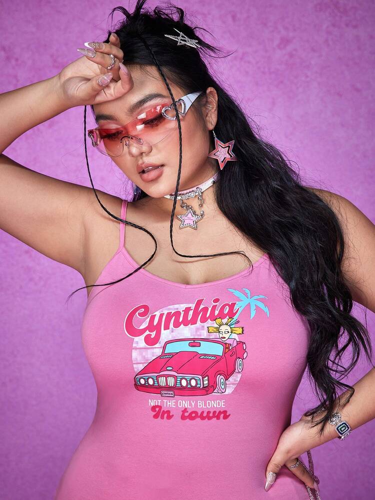 Plus Car And Slogan Graphic Slip Jersey  Pink Summer Dress