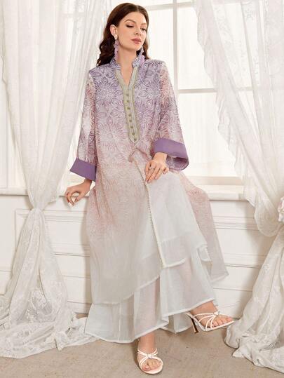 Al Najma Women's Patchwork Jacquard Ribbon & Floral Print Notched Notched Neck Long Sleeve Arabian Modest Dress