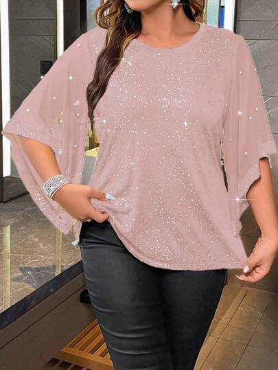 EMERY ROSE Plus Size Women's Glitter Ruffle Sleeve T-Shirt