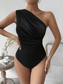 Chiquease Women's Summer Asymmetrical Shoulder Ruched Sleeveless Bodysuit - Black - View 6