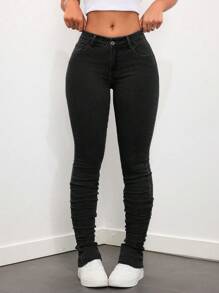 SHEIN ICON 女性低腰磨邊洗水細節牛仔褲