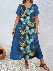 EMERY ROSE Đầm ôm body tay ngắn in họa tiết bướm màu xanh đậm cỡ lớn cho nữ mùa xuân - trắng - Xem 3