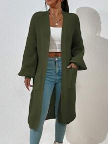 EMERY ROSE Solid Color Simple Long Sleeve Cardigan,Long Sleeve Tops Fall Winter Cloth For Women - Army Green - View 7