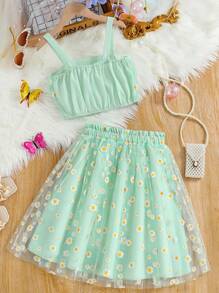 SHEIN 青少年女孩 2 件套雏菊吊带上衣和蓬松短裙套装，非常适合暑假、度假、夏季、旅行 - 薄荷綠 - 查看 2