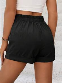 Breezaya 女性紙袋腰口捲邊短褲,夏季款 - 黑色 - 查看 2