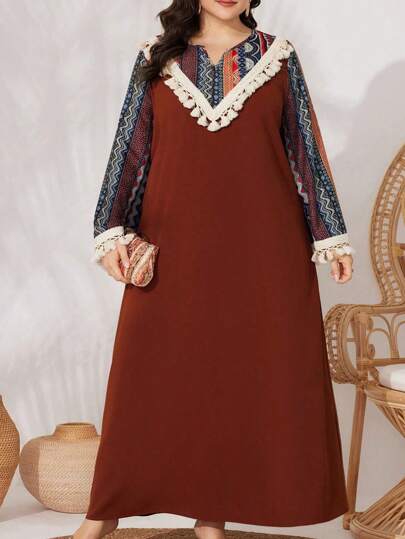 Al Najma 大碼印花拼接連衣裙,配流蘇裝飾針織邊飾