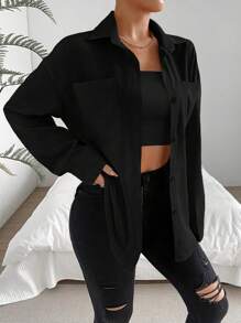 Chiquease 女士春夏纯色落肩长袖宽松休闲口袋衬衫、长袖上衣