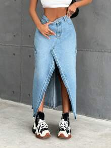 EURMUSE Cargo Pocket, Long Skirt - Medium Wash - View 6