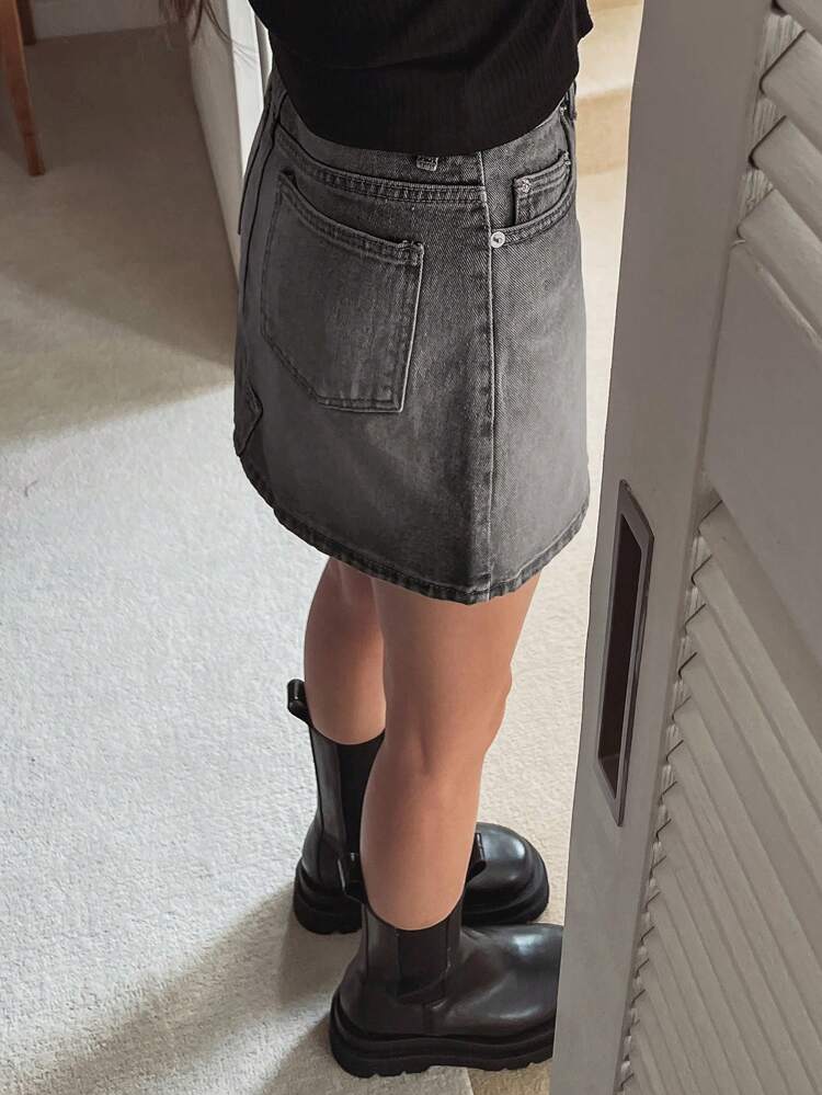 Distressed Washed Denim Skirt, Casual Style, Suitable For Summer Jeans Skirt