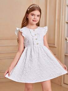 SHEIN Tween Girls' Jacquard Ruffle Trim Dress With Button And Flutter Sleeve Details