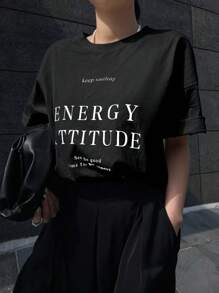 DAZY 宽松字母印花圆领短袖女式T恤保持微笑能量态度为您带来美好时光夏季超大T恤，图案T恤 - 黑色 - 查看 3