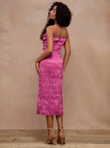 MUSERA 缎面褶皱系带中长连衣裙 春夏优雅度假性感浪漫沙滩太阳裙 婚礼宾客场合 - 粉色 - 查看 2