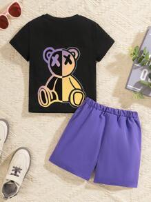 Toddler Boys' Cute Colorful Bear Pattern Short Sleeve Top And Shorts Set - Purple - View 1
