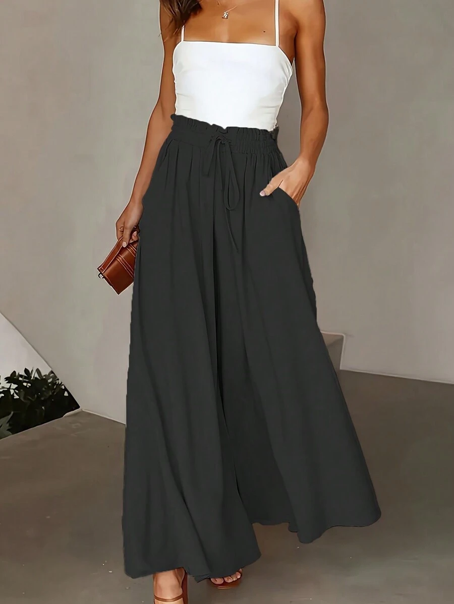 Plus Size Casual Drawstring Waist Angled Pocket Loose Wide Leg Pants