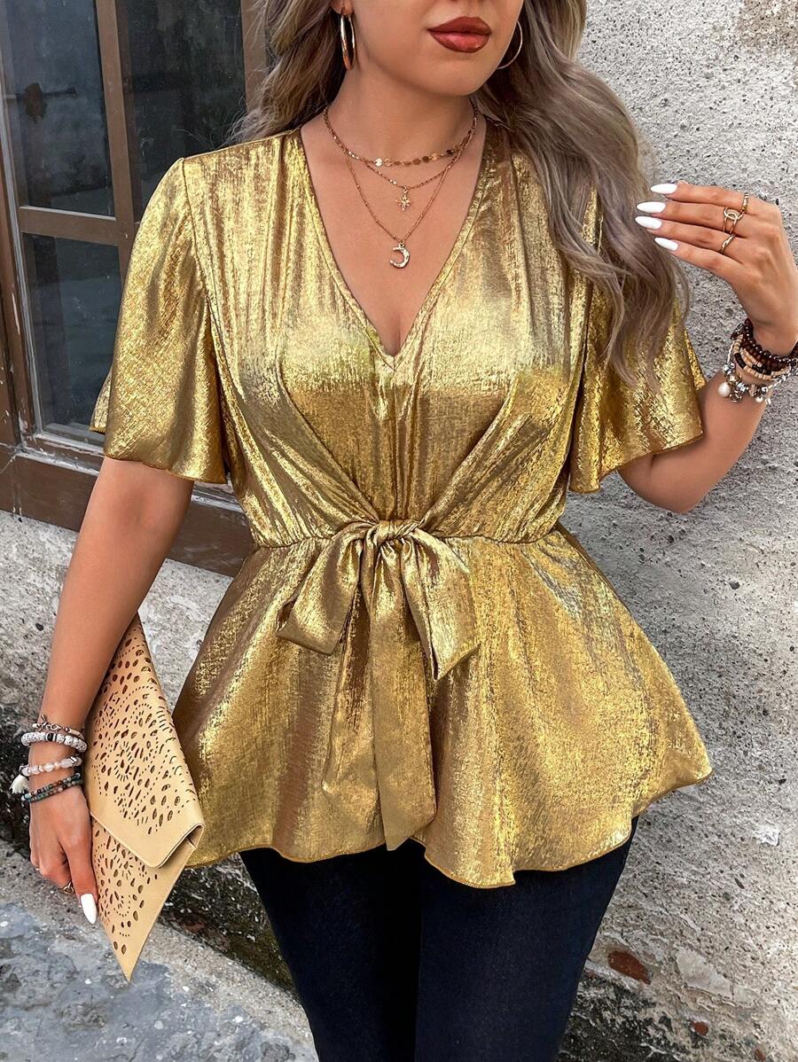 SHEIN Unity 大码女式时尚 V 领收腰衬衫，适合节日派对服装，派对荷叶边上衣 - 金色 - 查看 1