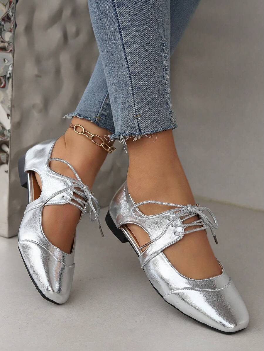 女士時尚露指方頭系帶平底鞋,舒適銀色軟底鞋 - 銀色 - 查看 1