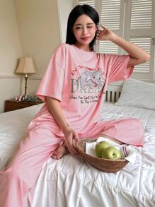 DAZY Bộ đồ mặc nhà áo và quần rộng rãi in hình voi hoạt hình cho nữ - Hồng - Xem 3
