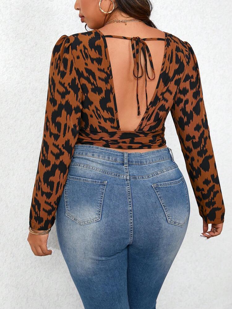 Plus Size Leopard Printed Strap Backless Cropped Top