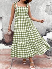 Breezaya 大尺碼格紋肩帶連衣裙 - 軍綠色 - 查看 4