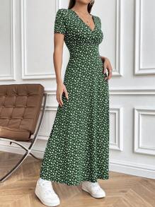 Flirla Vestido largo con estampado floral y escote en V para mujer