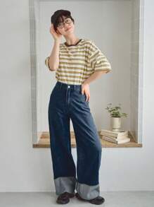 FRIFUL 顏色塊寬腿鬆身牛仔褲,休閒時尚風格 - 深色水洗藍 - 查看 8