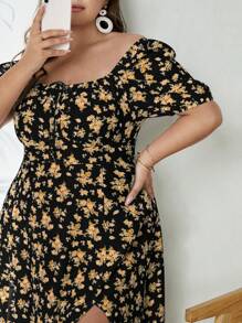 SHEIN VCAY Plus Size Boho Split Hem & Cinched Waist Floral Dress, For Summer - Yellow - View 4