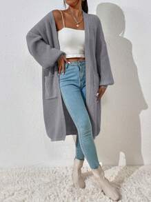 Chiquease Women's Solid Color Simple Cardigan, Suitable For Spring And Autumn,Ladies Late Fall Casual Pocket Drop Shoulder Oversized Light Grey Plain Women Cardigans,Casual Daily Wear,Long Sleeve Tops