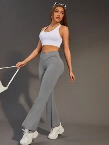 SHEIN Sports Cross High Waist Flared Sports Pants - Grey - View 4