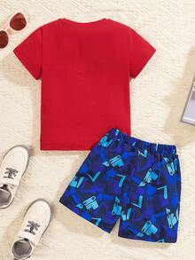 2入組可愛越野車漫畫字母印花圓領短袖上衣和短褲套裝，適合幼童男孩日常穿著、上學、居家、春季、夏季