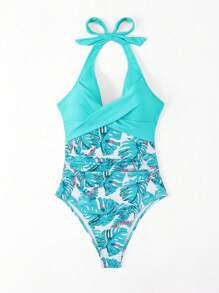 Swim Lushoire Women's Plant Print Tummy Control One Piece Swimsuit, Random Print, Perfect For Beach And Pool, Summer,Summer Beach - Mint Blue - View 5