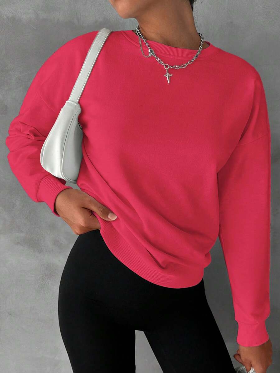 SHEIN Cottnline Women's Simple Solid Color Round Neck Sweatshirt With Long Sleeves - Watermelon Pink - View 1