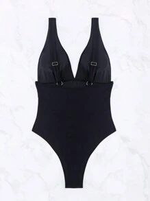 SHEIN Swim Women's Plain Deep V-Neck Swimsuit With Rhinestone Decor, Perfect For Summer, Beach, Pool - Black - View 2