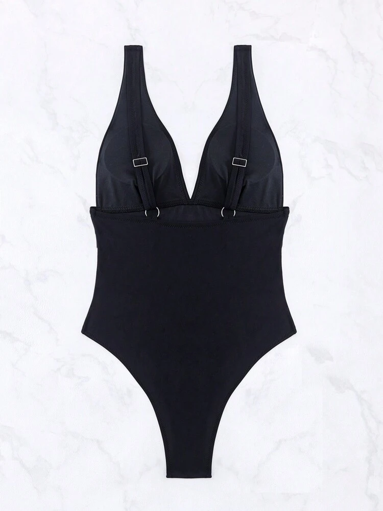 Women's Plain Deep V-Neck Swimsuit With Rhinestone Decor, Perfect For Summer, Beach, Pool