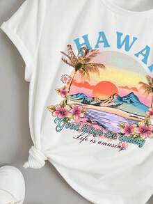 Áo thun ngắn tay in phong cảnh hoàng hôn Tween Girl, cổ tròn, thích hợp cho mùa hè - trắng - Xem 3