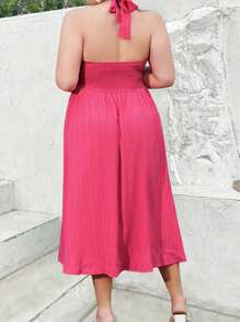 SHEIN Belle Vestido De Talla Grande Con Cuello Halter De Color Sólido Y Corte En El Dobladillo - Rosa Fucsia - Ver 2