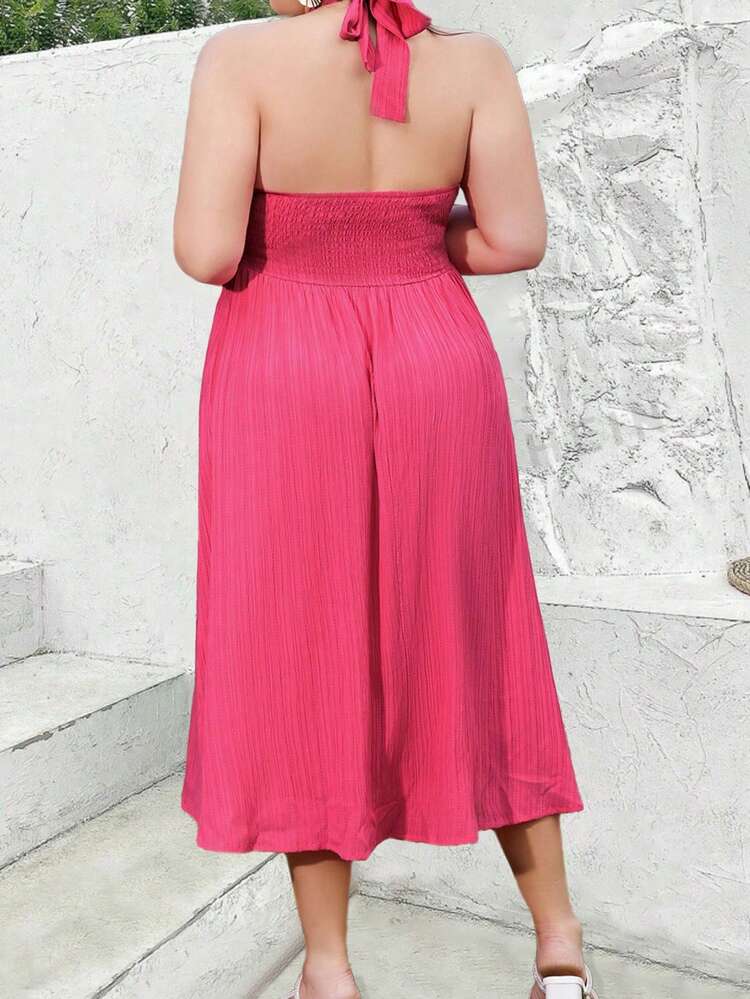 Plus Size Solid Color Hollow Out Halter Neck Dress With Split