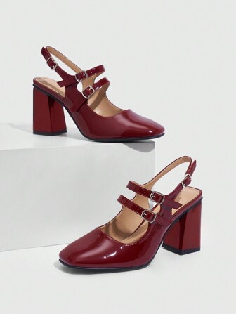 CUCCOO DOLLMOD Talons hauts de style Mary Jane carrés à la mode de couleur bordeaux avec bride à la cheville, chaussures femme pour les vacances printemps et été. d'été, Noël, automne - Talons Mary Jane bordeaux Pumps Nouvel An Vacances
