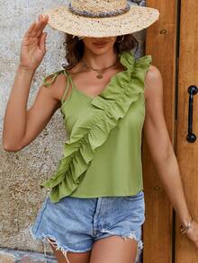 SHEIN VCAY Của phụ nữ Màu thuần Xù Hoa Sen Áo ba lỗ Áo , Mùa xuân/Mùa hè - màu xanh lá - Xem 3