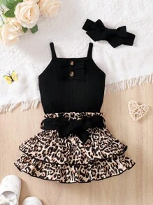 Ensemble body à bretelles et jupe à imprimé léopard avec bandeau pour bébé fille - Multicolore - Voir 6
