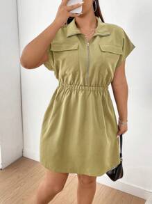 Flirla 大尺碼女性夏季純色半排釦拉鍊蝙蝠袖連衣裙 - 卡其色 - 查看 7