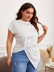 SHEIN LUNE 夏季女士加大碼條紋休閒t恤,螺旋式下擺裝飾 - 淺灰色 - 查看 6
