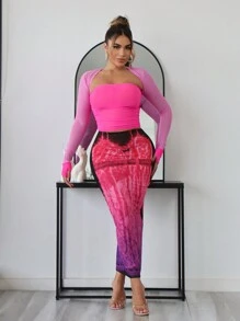 SHEIN SXY Bachelorette Party Concert Outfits  Clothes Casual Summer Color Block Mesh Splicing Thumb Hole Long Sleeve Top