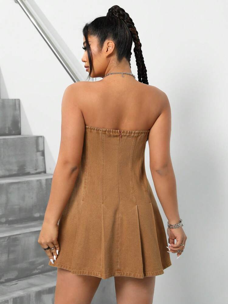 Plus Size Women Fashionable Cowgirl Style Denim Strapless Dress