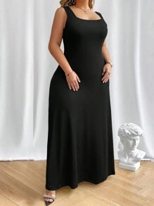 Elenzga Vestido largo de mujer de talla grande con cuello cuadrado y sin mangas en un solo color