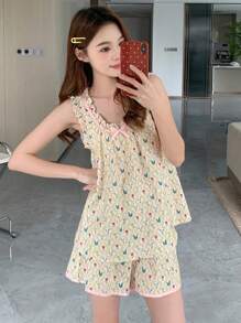 DAZY Retro vui tươi In hoa Xù Hoa Sen Bộ mặc nhà , Thích hợp Cho mùa hè - Nhiều màu - Xem 3