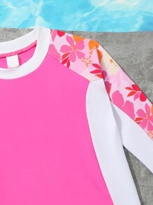 SHEIN Young Girls' Floral Print Long Sleeve Rash Guard Tankini Swimwear Set With Patchwork